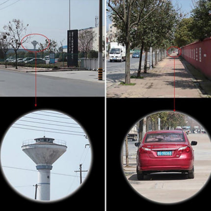 Four-panel view of a street scene with a water tower and red car, showing different perspectives.