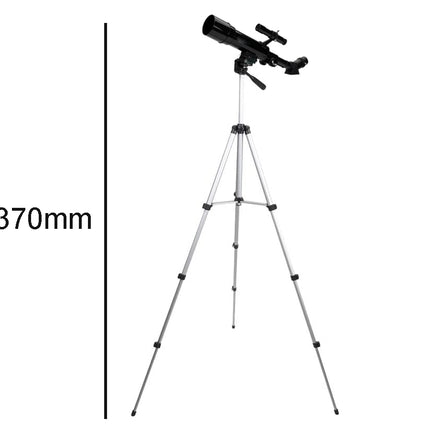 Black telescope with tripod on a white background, showing measurement of 370mm.