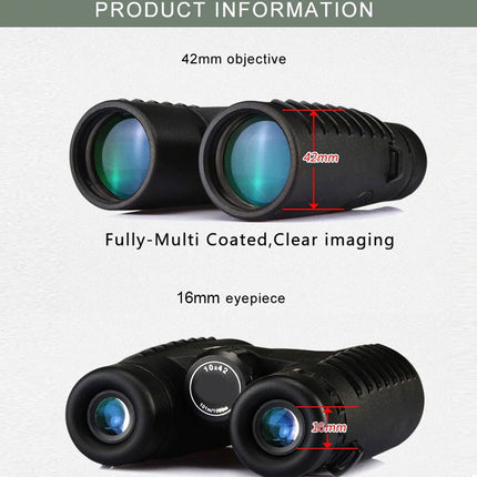 Black binoculars with measurements on a white background