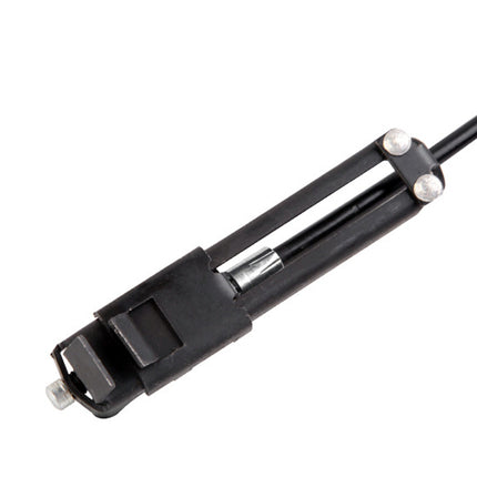 Black metal rod with a clip on a white background