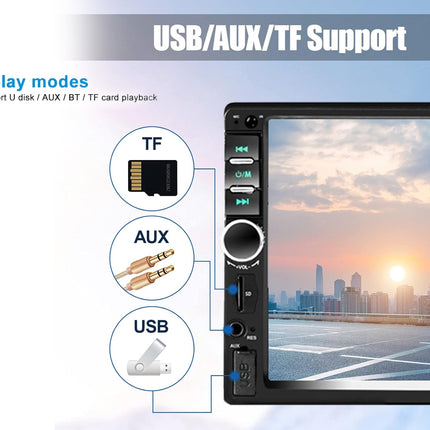 A car stereo head unit with a touchscreen display showing a city sunset scene, alongside feature callouts for USB, AUX, TF support, and 4 play modes on a light blue and white background.