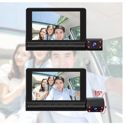 Black 7-inch car rearview mirror display with a built-in camera module and red indicator lights, shown in two stacked views over a faded background of people in a car. A red '15°' angle graphic is visible on the lower right.