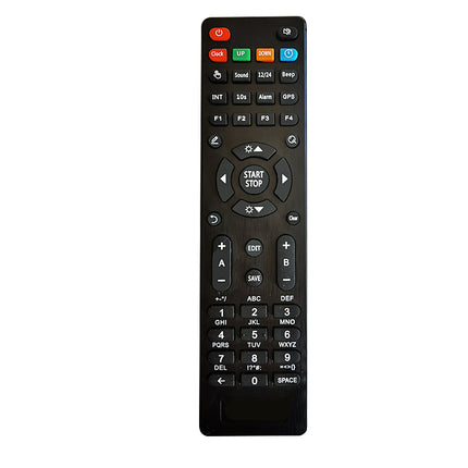 Black remote control with various buttons on a white background