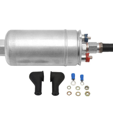 An aluminum fuel pump assembly with a black nozzle tip, shown with two black hose covers, blue and red fittings, and mounting hardware on a white background.
