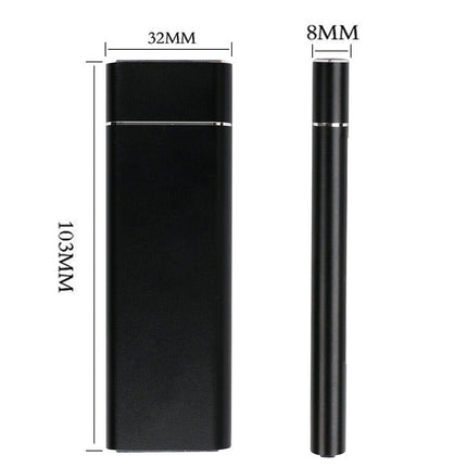 Black cylindrical product with measurements indicated on a white background