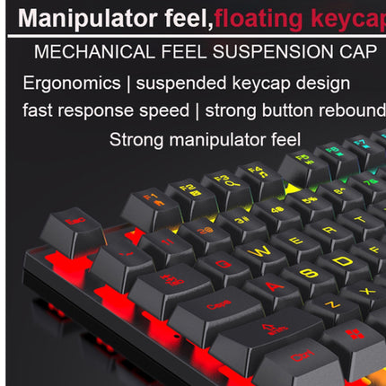 Mechanical keyboard with RGB lighting and text describing features on a black background