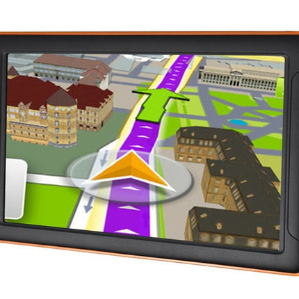 GPS device displaying a 3D map of a city with buildings and roads.