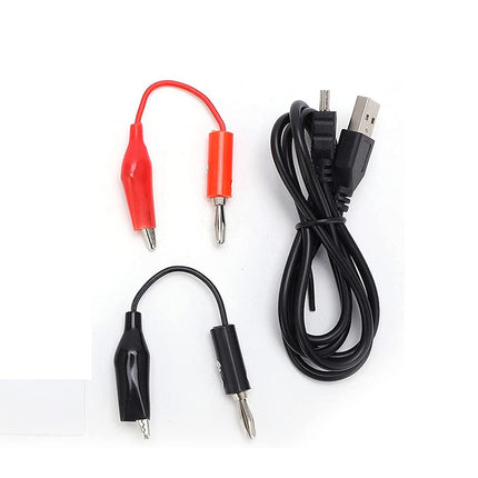 Set of electrical test leads with red and black alligator clips on a white background
