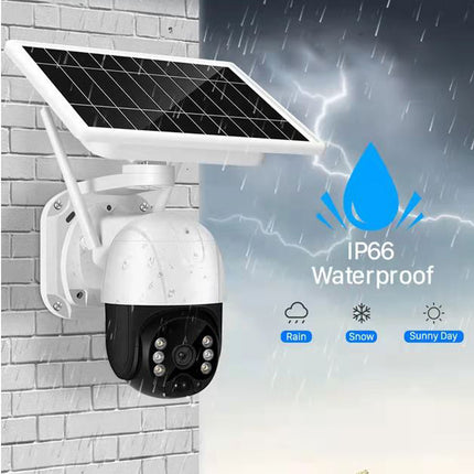 Solar-powered security camera with a lightning effect on a white brick wall background