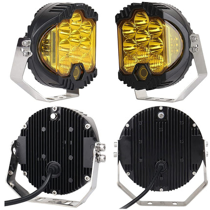 Four views of an off-road LED light fixture on a white background, showing the front with amber lenses and silver mounting brackets, and the rear with a ribbed black housing and power cable.