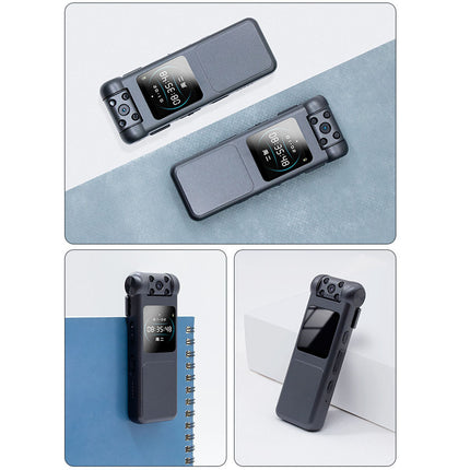 Collage of a black digital voice recorder on a white and blue background