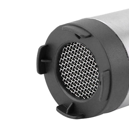 Close-up of a metal cylindrical component with a black mesh filter on a white background