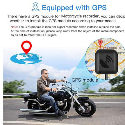 Motorcycle with GPS module on a road, featuring text about GPS module for motorcycle recorders.