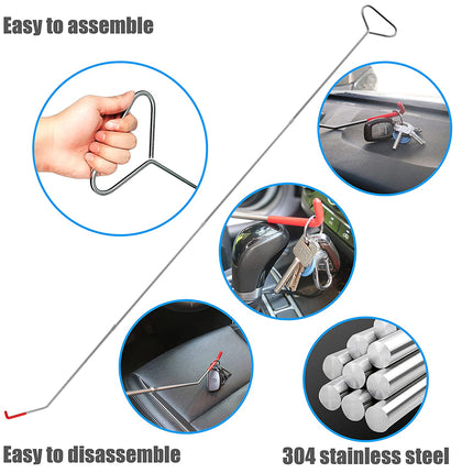 A long metal car keyout tool with circular inset photos showing a hand holding it, using it on a car dashboard, on a keyring, and several stainless steel rods, with text reading 'Easy to assemble,' 'Easy to disassemble,' and '304 stainless steel.'.