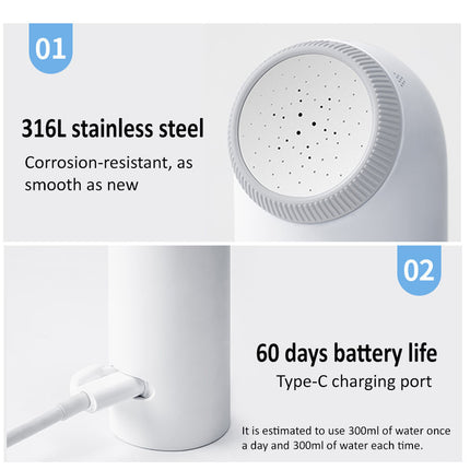 A two-panel product feature graphic for a white cylindrical water filter or dispenser. The top panel shows a close-up of the round top opening labeled '01 316L stainless steel' with text about corrosion resistance.
