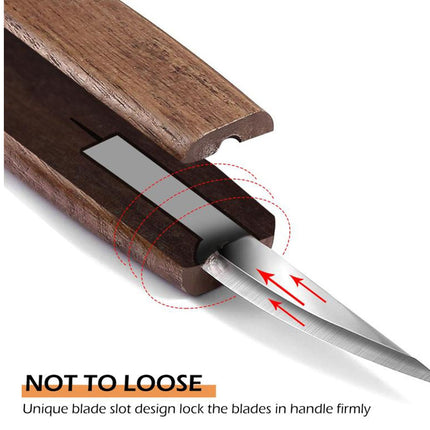Close-up of a knife blade sloted into a wooden handle with red arrows and dashed circles indicating a secure fit, plus the text 'NOT TO LOOSE' and 'Unique blade slot design lock the blades in handle firmly.'.