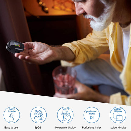 Man using a digital device with icons and text on a white background