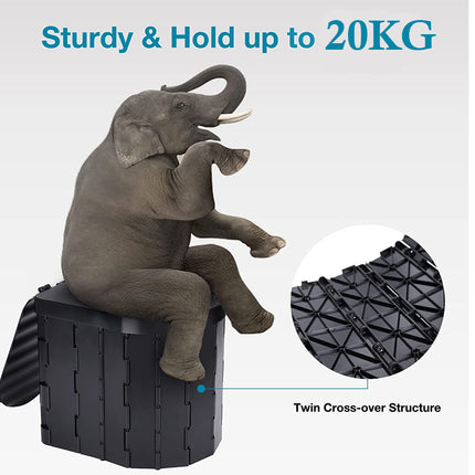 A gray elephant figurine sitting on a black modular storage box, with text reading 'Sturdy & Hold up to 20KG' and a circular inset showing the black cross-over structure. No person, animal, or real environment is present; this is a clean product marketing graphic, so subject_type is Product/Packaging.