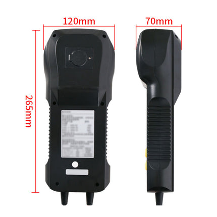 Black electronic device with measurements indicated on a white background