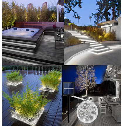 Collage of outdoor living spaces with hot tub, garden, and patio.