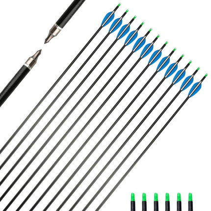 Set of black arrows with green and blue fletching on a white background