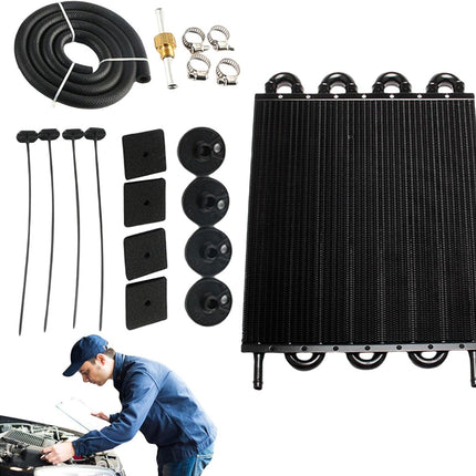 Car radiator and related components on a white background with a mechanic working on a car.