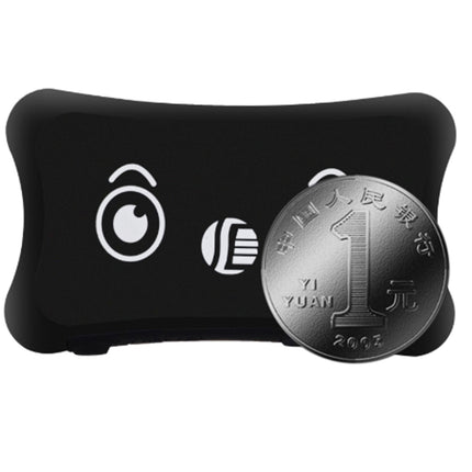 A small black silicone tracker or alarm device with white icons, shown next to a 1 Yuan coin for scale on a plain white background.