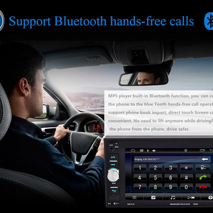 Car dashboard with a multimedia player and Bluetooth hands-free call feature, showing a person using the system.