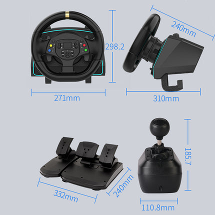Gaming steering wheel, gear shifter, and pedals with measurements on a light blue background