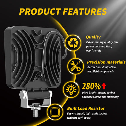 Product features of a light bulb with icons and text on a black background