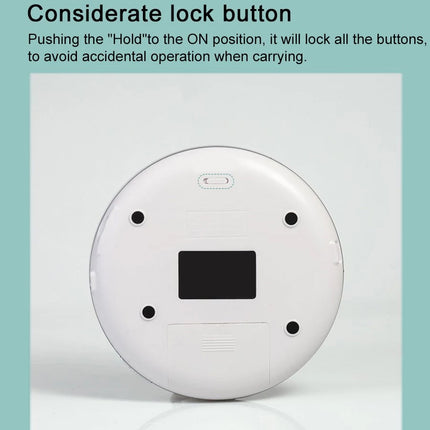 A white round robotic vacuum cleaner shown from the bottom, with a black display window in the center and small black feet around it. Above the product, text reads 'Considerate lock button' and explains locking all buttons to avoid accidental operation when carrying.