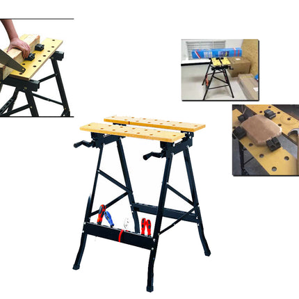 Portable workbench with multiple views showing its use and features.