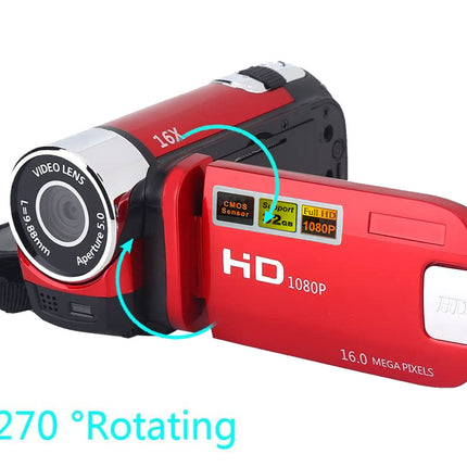 A red and black digital video camera with a rotating lens feature highlighted by cyan arrows and the text '270° Rotating' on a white background.