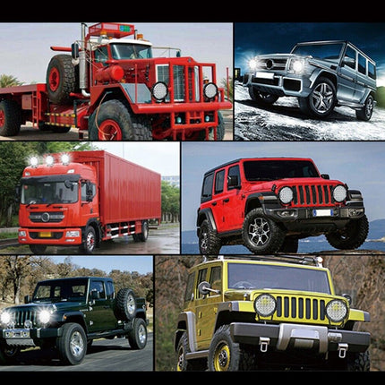 A collage of six different vehicles: a red flatbed truck carrying a large tire, a silver SUV on a snowy road, a red box truck, a red off-road vehicle, a dark green off-road vehicle, and a yellow off-road vehicle, all arranged on a black background.