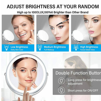 Advertisement for a light-up mirror with adjustable brightness, showing a woman using it.