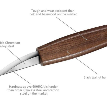 A curved knife with a dark brown wooden handle and a silver steel blade, shown on a white background with text callouts describing its features.