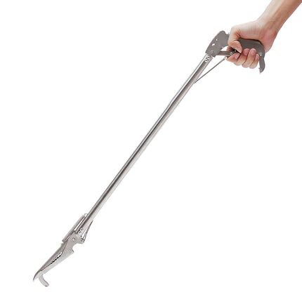 Metallic tool held by a hand on a white background