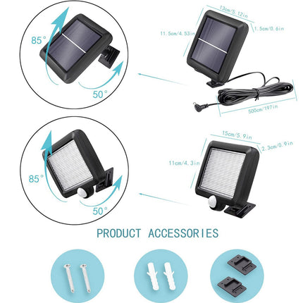 Solar light product with labeled parts and accessories on a white background
