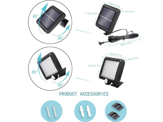 Solar light product with labeled parts and accessories on a white background