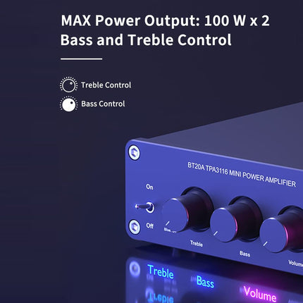 Mini power amplifier with control knobs on a dark background