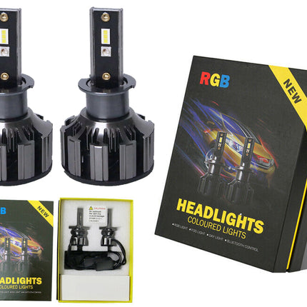Two black LED car headlight bulbs shown beside their retail packaging on a white background. The box is black with yellow accents and the brand name RGB, with one box shown closed and one open to reveal the bulbs and accessories inside.