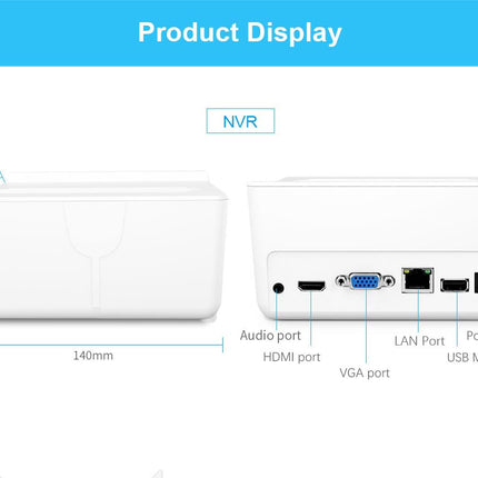 Diagram of a NVR device with ports and dimensions on a white background