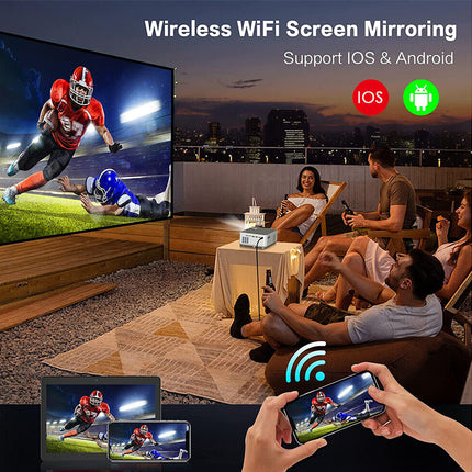 Living room scene with people watching sports on a large screen TV using wireless WiFi screen mirroring.
