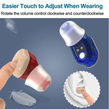 Blue and red hearing aid with instructions on adjusting volume control.