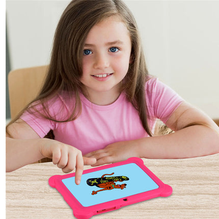 Young girl using a pink tablet with a colorful screen on a light wooden table.