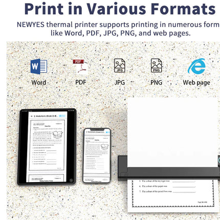 NEWYES thermal printer with text and icons indicating supported formats on a textured white background