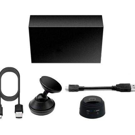 Set of black electronic components including a cable, stand, and USB device on a white background.