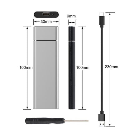 Measurement chart of electronic components including a pen, USB stick, and screwdriver on a white background.