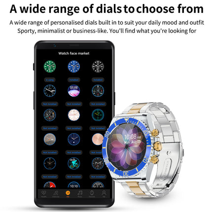 A promotional graphic showing a smartphone and a silver-and-gold smartwatch with a blue bezel, alongside text describing customizable watch face dials. The watch display shows a colorful floral pattern.