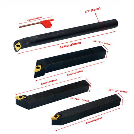 Set of metal tools with dimensions labeled on a white background